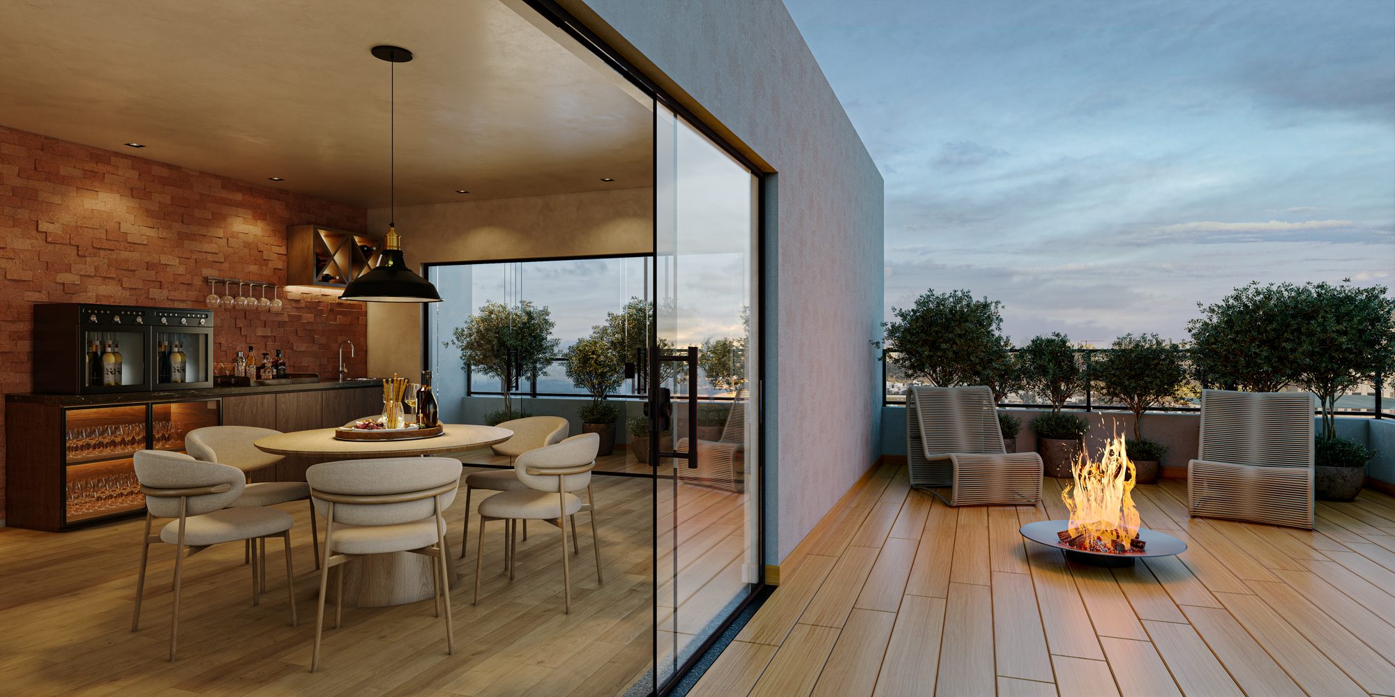 Adega com mesa de degustação aberta para terraço com fire pit