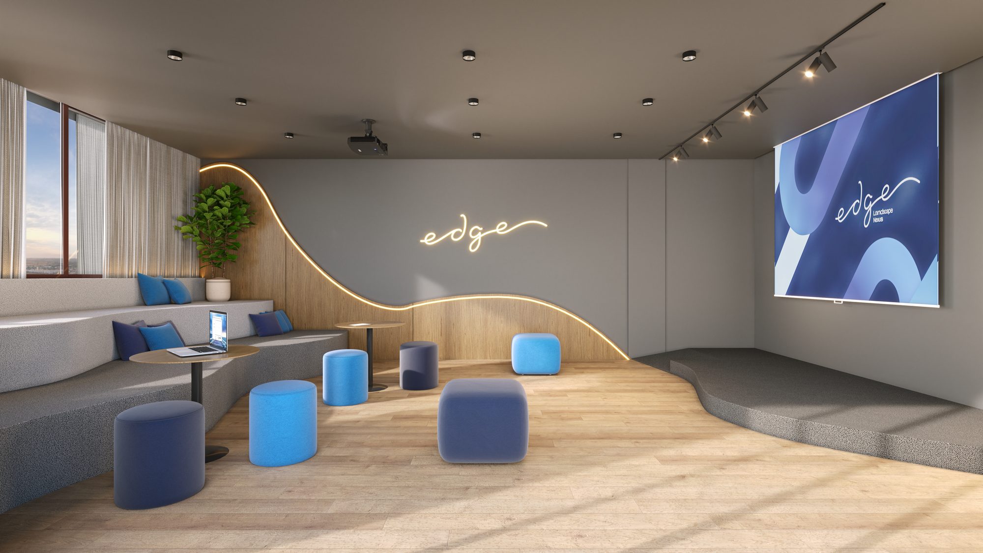 Auditório com arquibancada, pufes e letreiro edge iluminado
