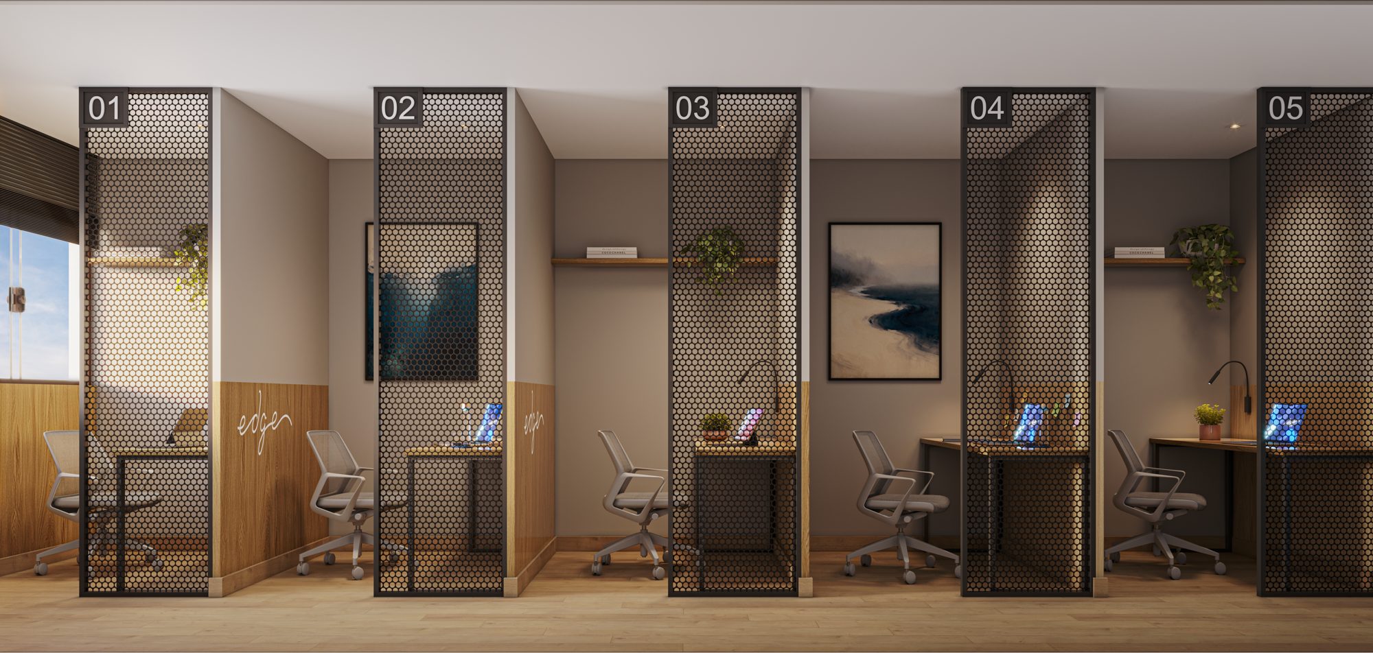 Coworking com cabines individuais em painéis metálicos