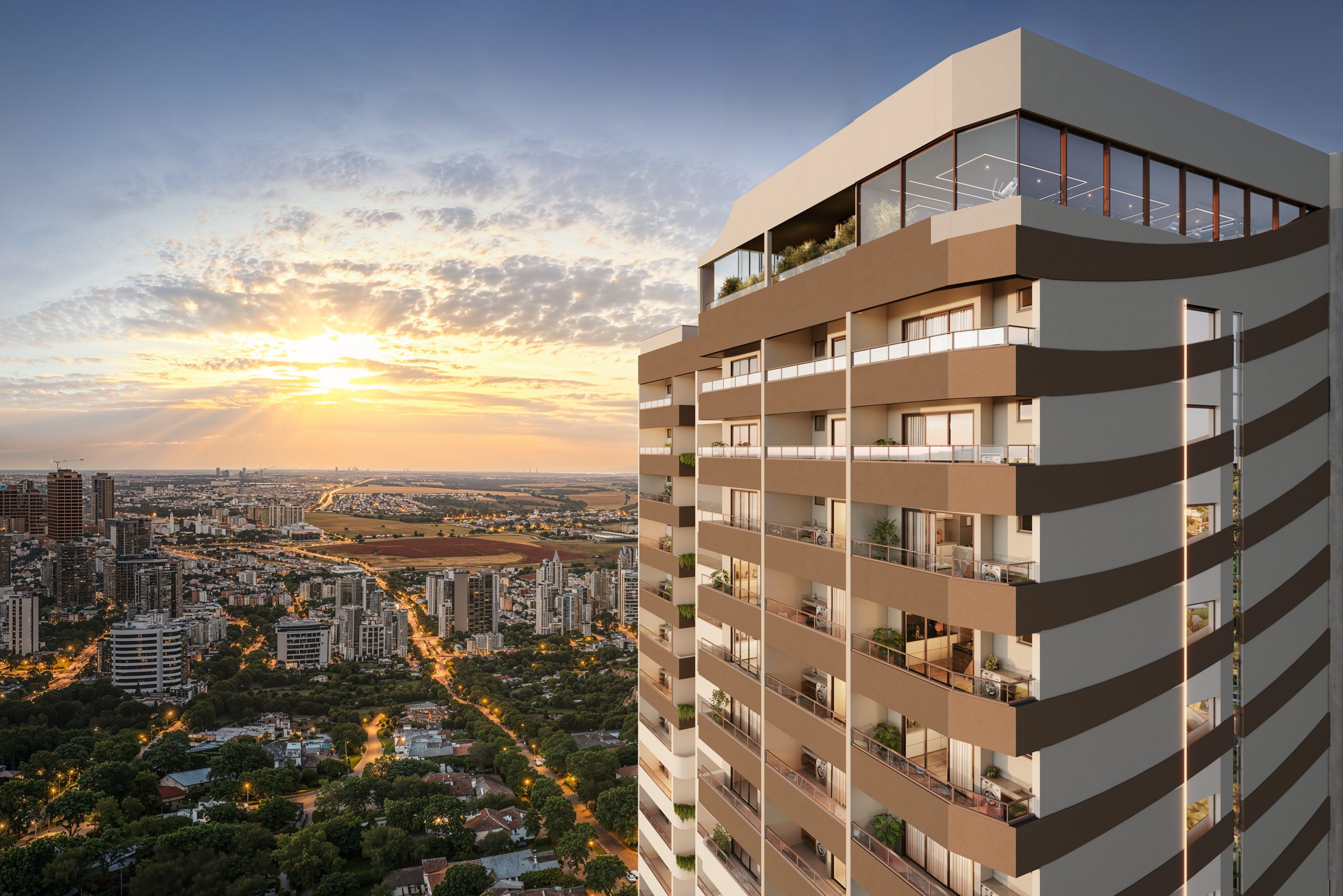 Coroamento do Edge Nexus ao pôr do sol, com a cidade de Uberlândia ao fundo