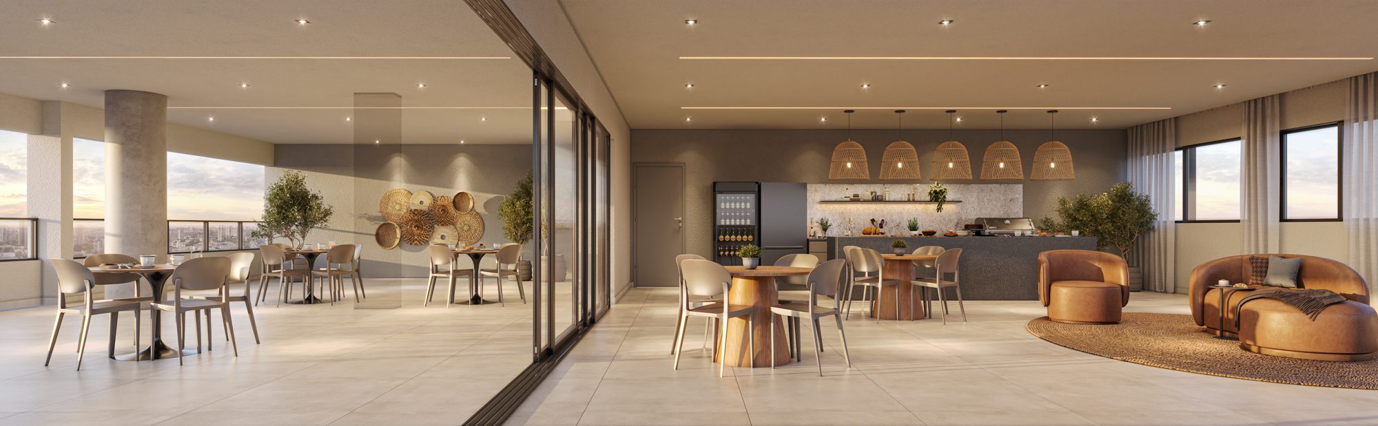 Espaço gourmet integrado ao lounge, com vista para a cidade