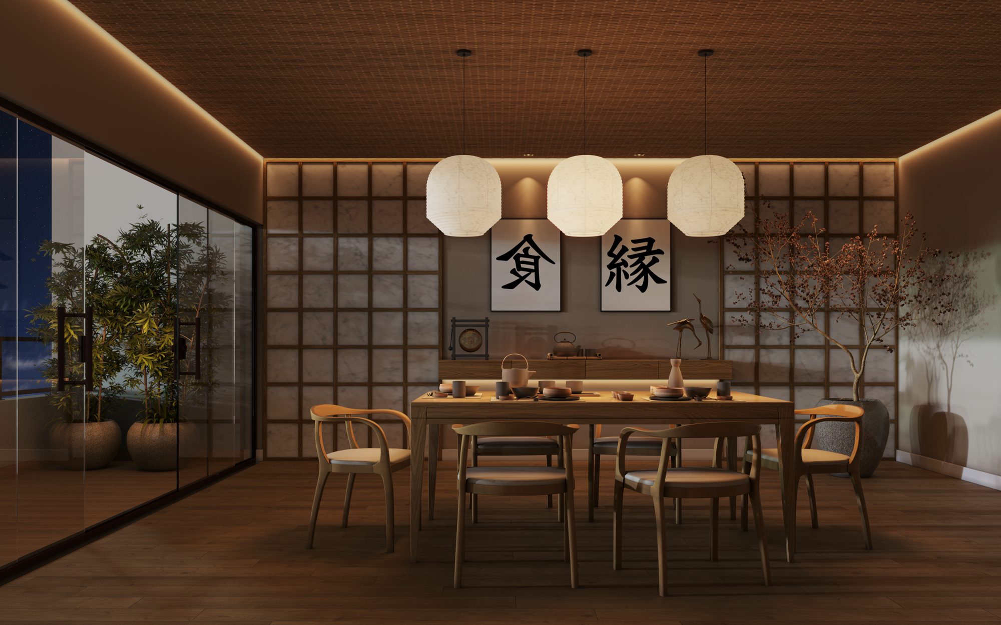 Sala japonesa com luminárias de papel e painéis shoji